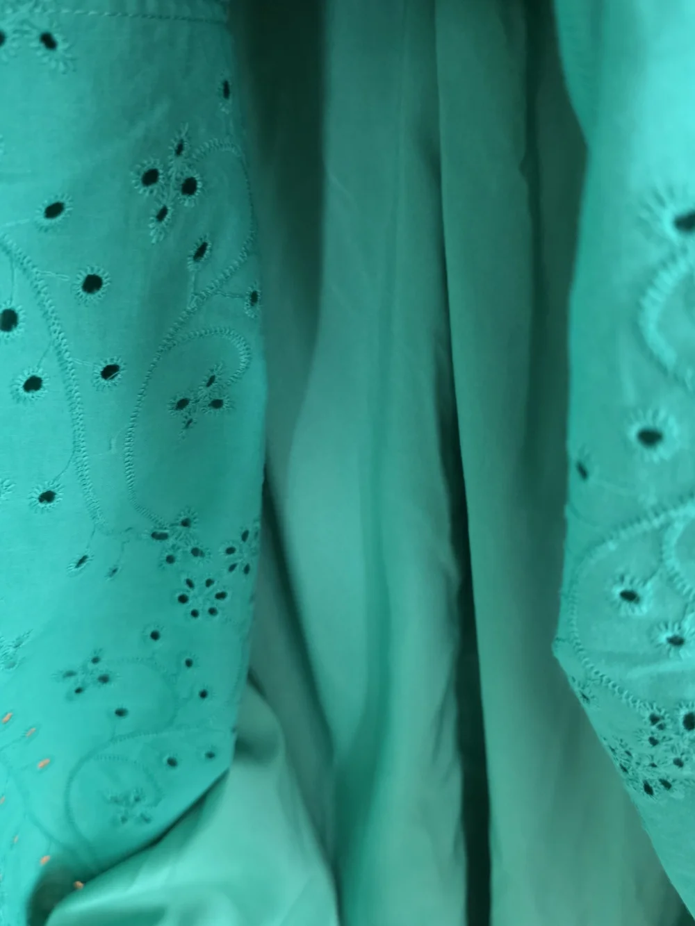 Maggie London Green Eyelet Ruffle Sleeve V-Neck Dress.
